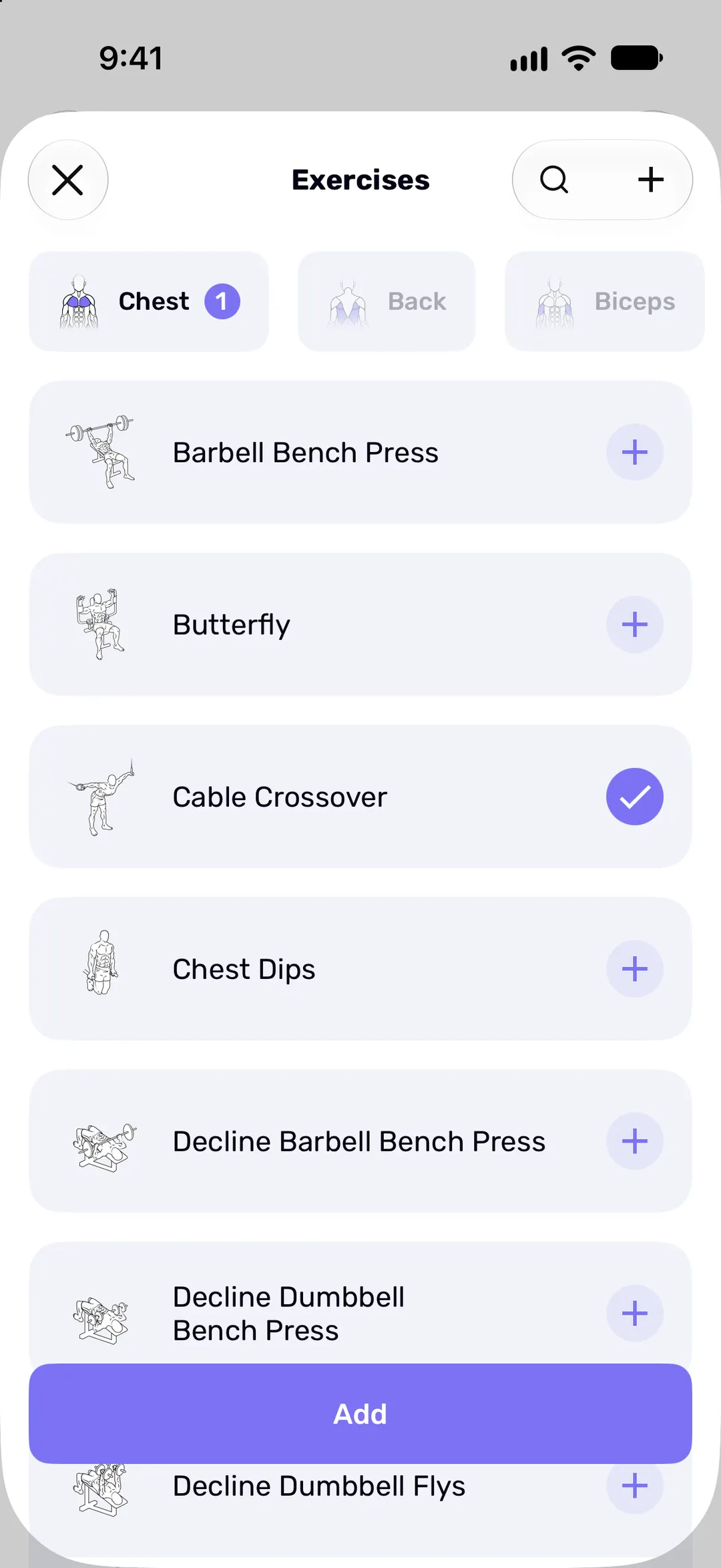 The exercise catalog filtered by muscle group, with a picture beside each exercise.