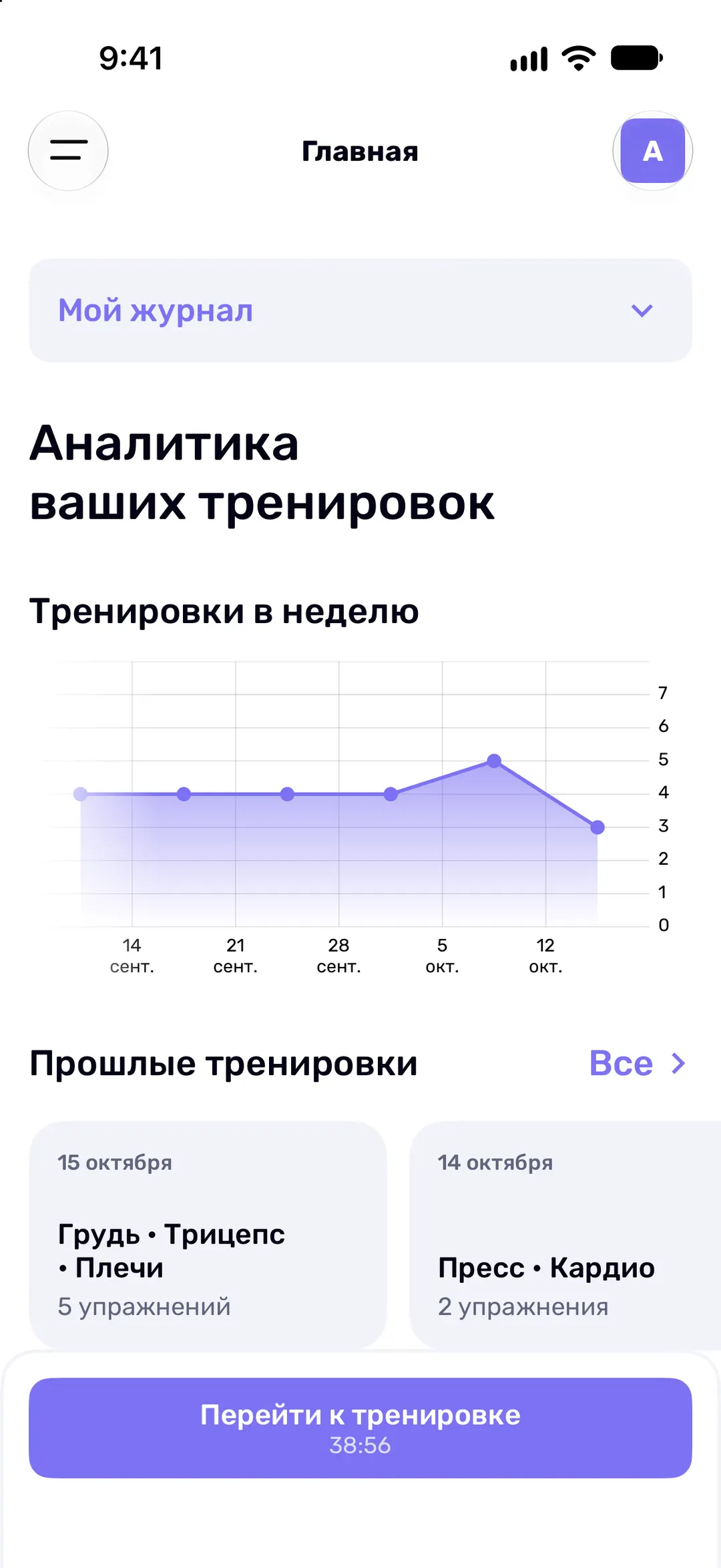 Главный экран Fit Journal с тренировками по неделям и последними тренировками.