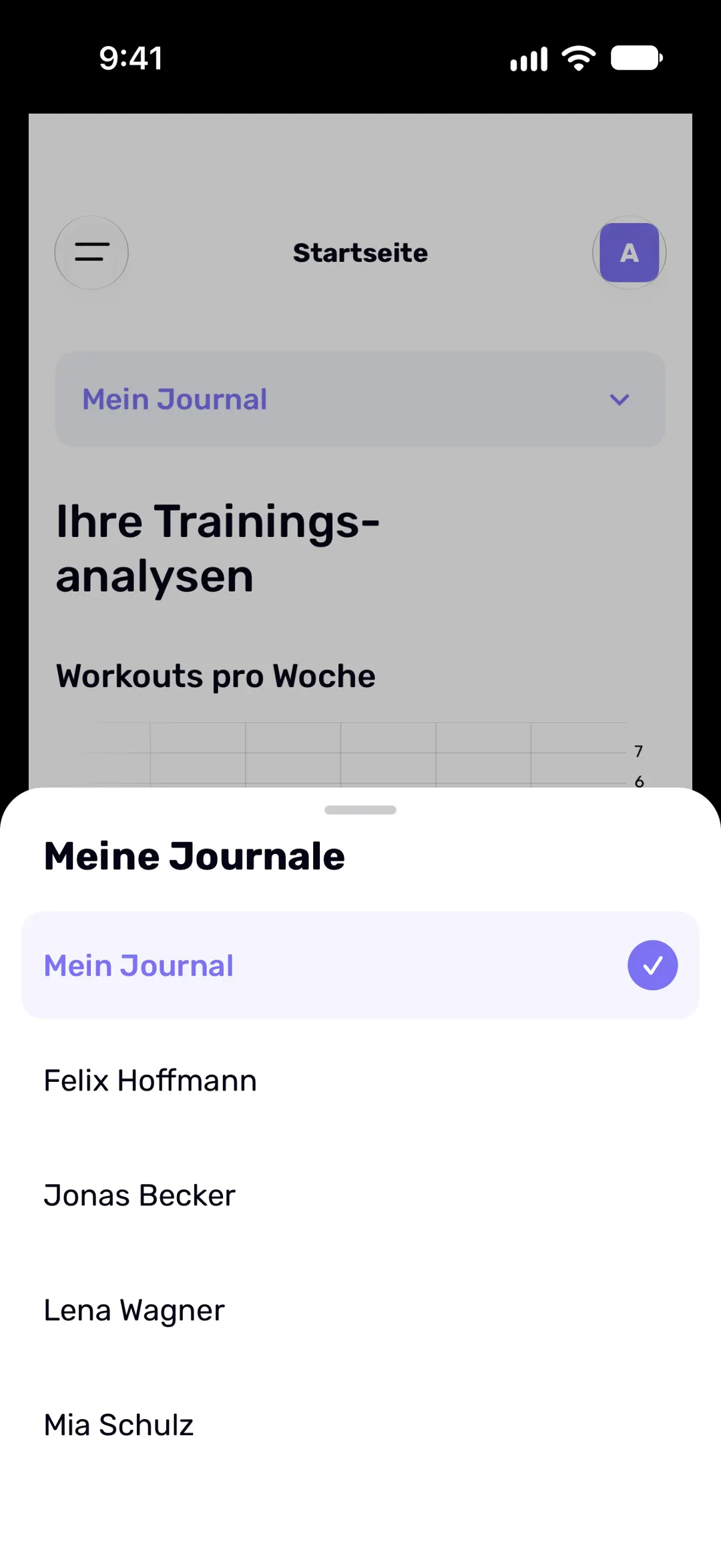 Die Journal-Auswahl auf der Startseite: das eigene Journal und die Journale von vier Kunden.