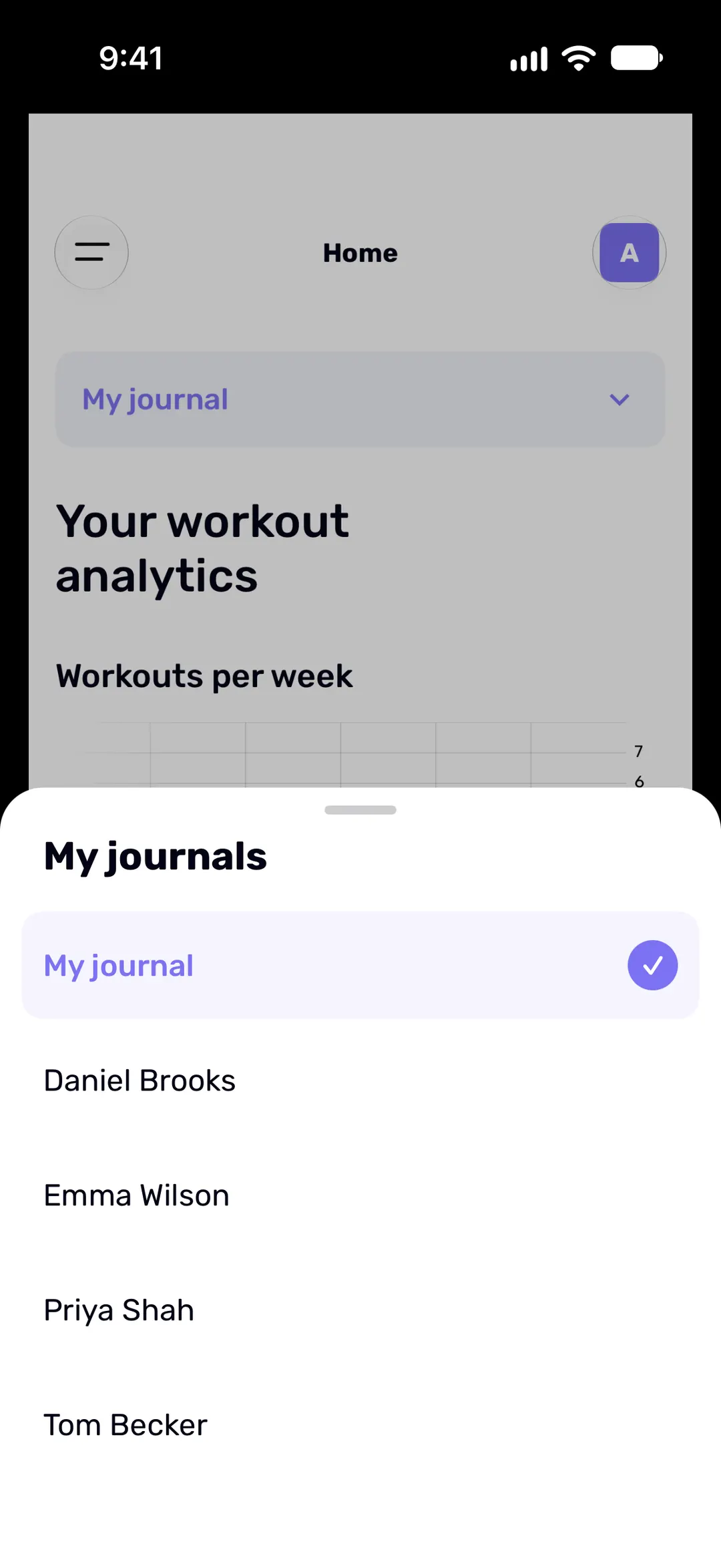 The journal switcher on the home screen, listing the coach’s own journal and four clients.