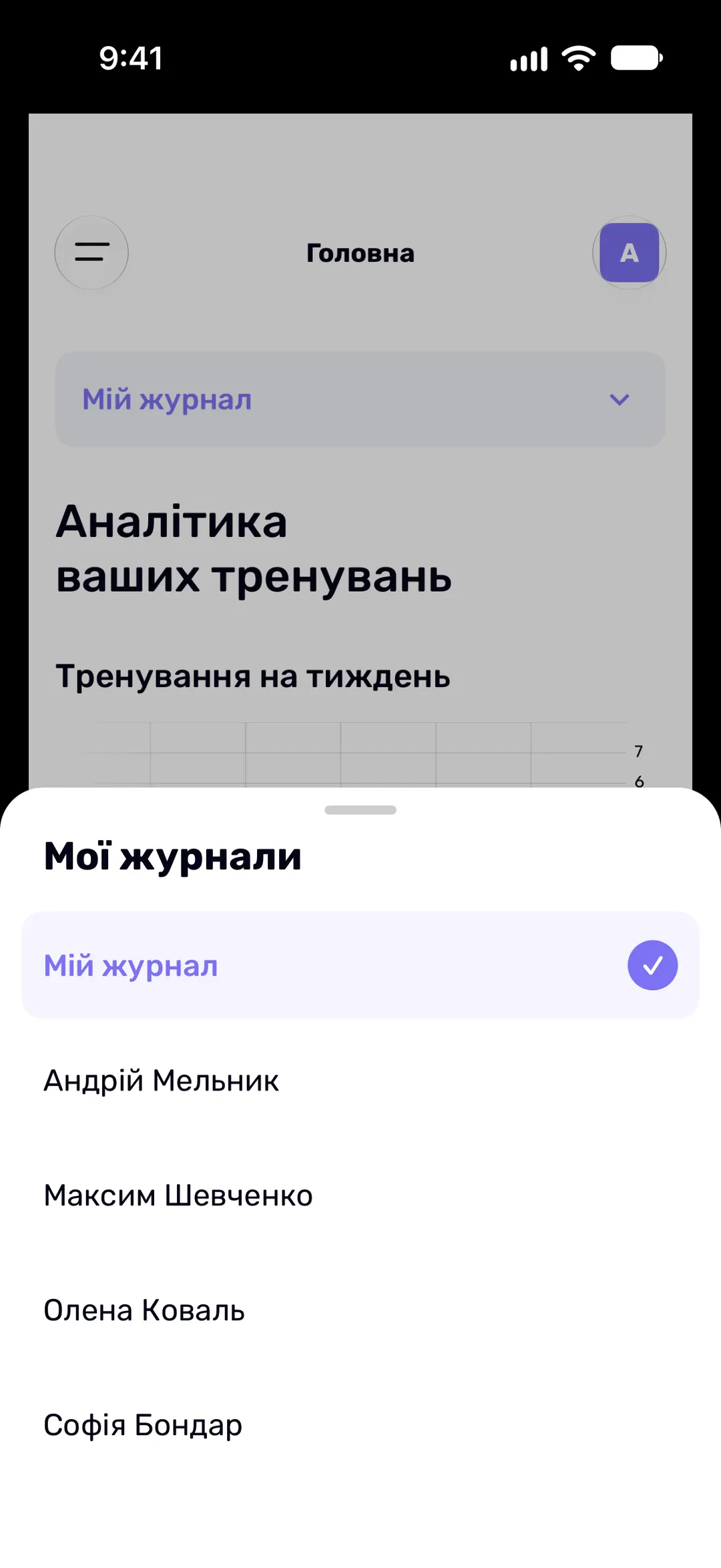 Вибір журналу на головному екрані: власний журнал і журнали чотирьох клієнтів.