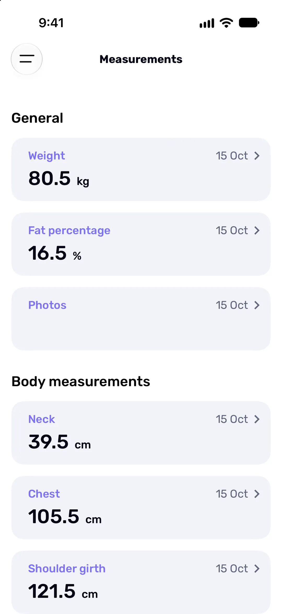 Body measurements — body weight, body fat and circumferences — each with its latest value.