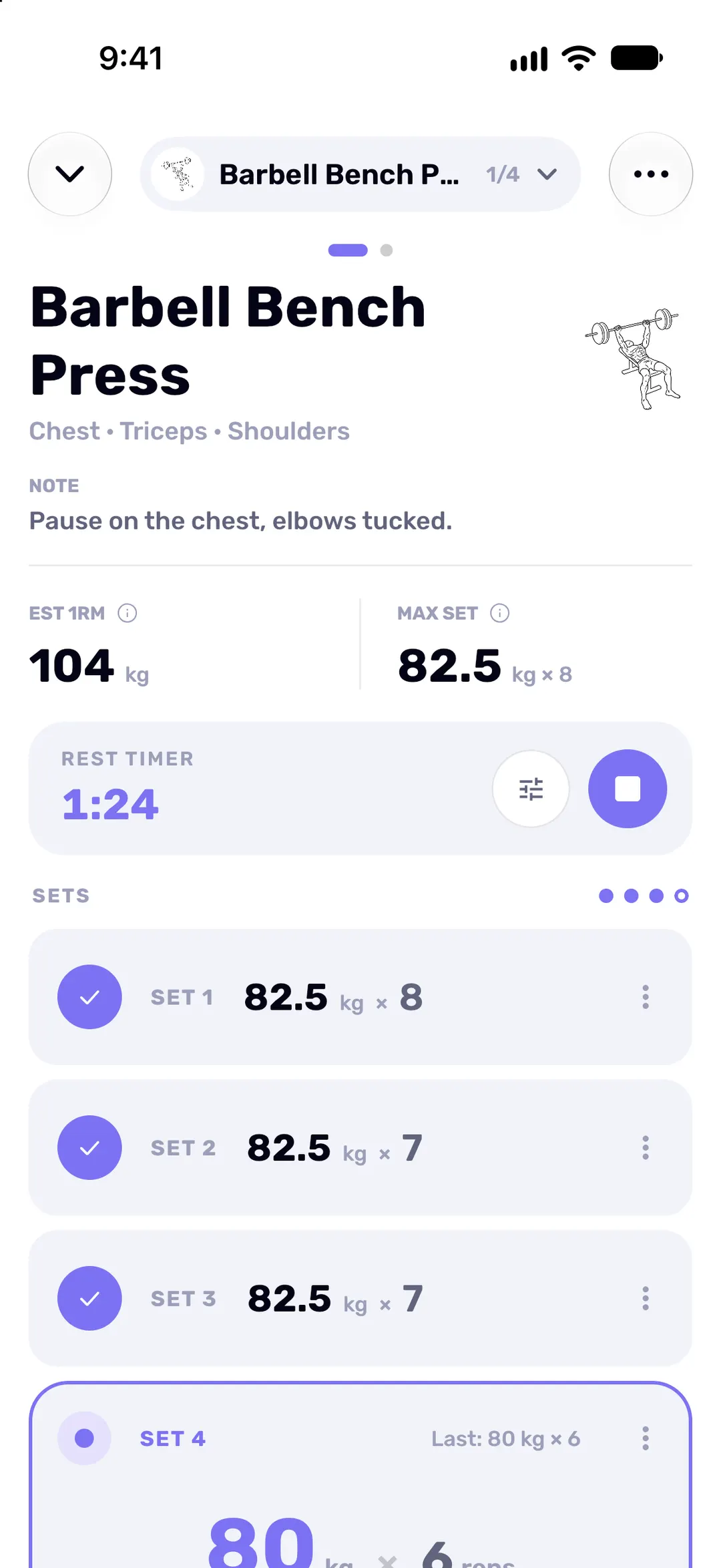 The set editor with logged sets and the rest timer counting down.