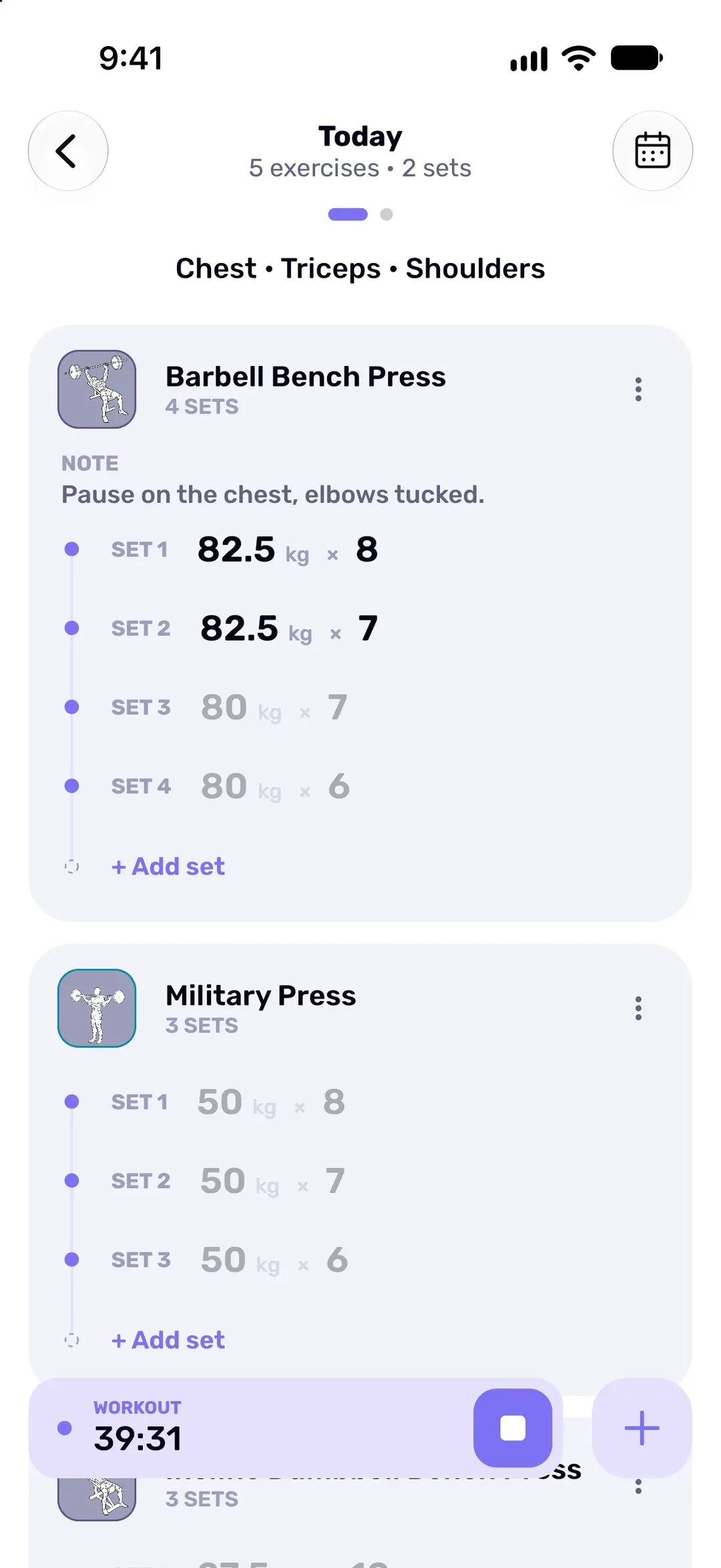 A day’s workout listing each exercise with its logged sets and last session’s numbers beside them.